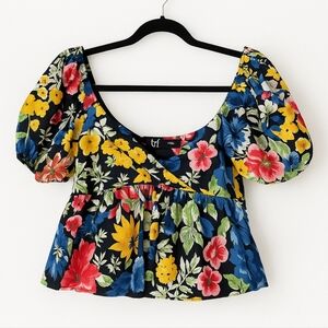 ZARA TRF Floral Puff Sleeve Peplum Top Black‎ Multicolor 100% Cotton Small